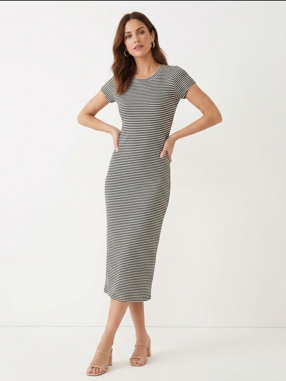 Derek Heart Black and White Striped Short-Sleeve Midi Dress